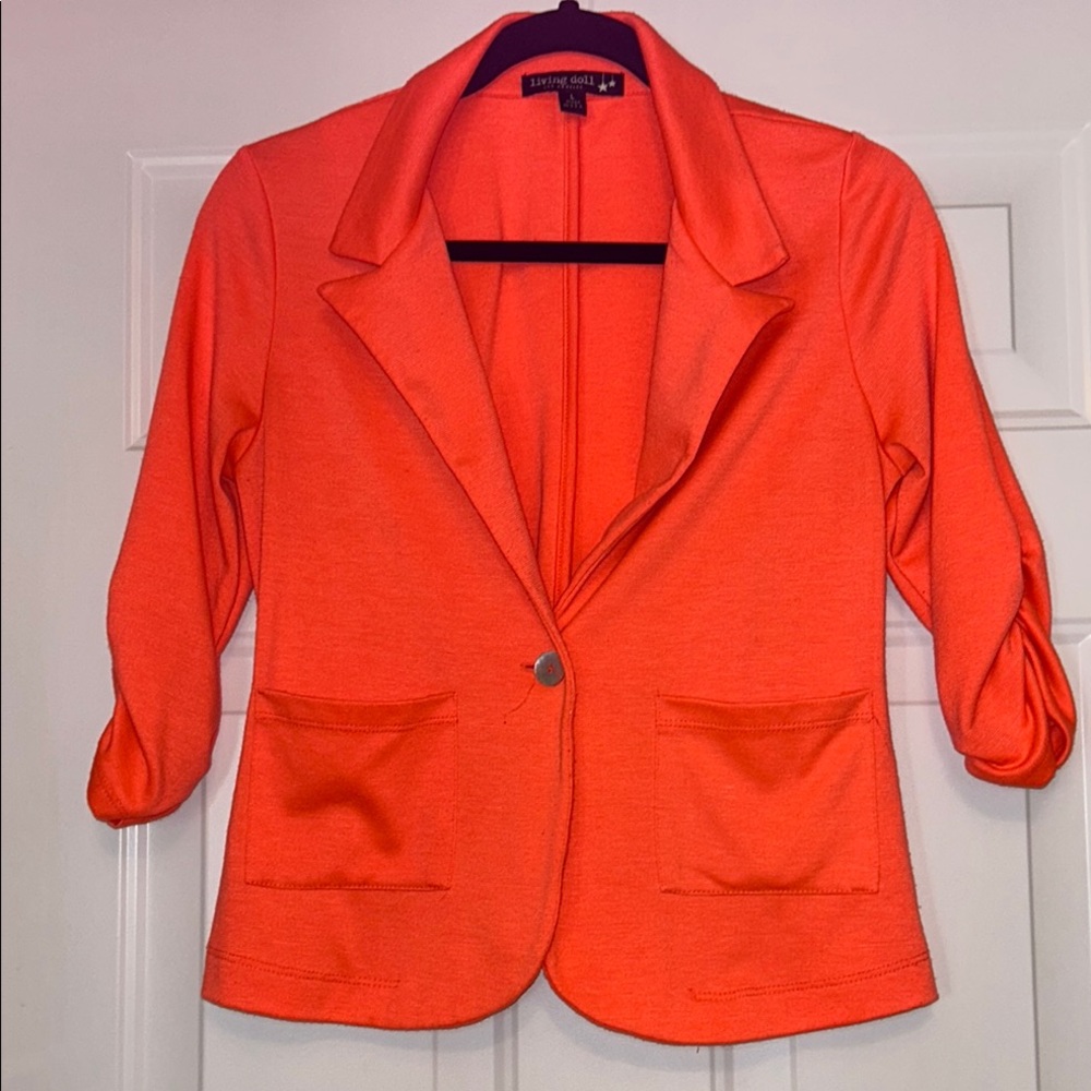Living Doll LA Junior’s Jacket L Neon Orange Fleece Blazer Spring Casual